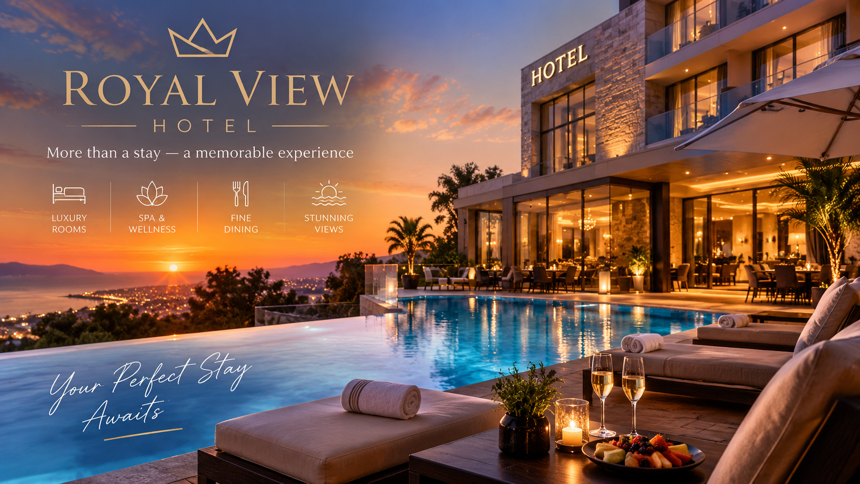 מלון Royal View בשקיעה, עם בריכת אינסוף ומרפסת המשקיפה לחוף