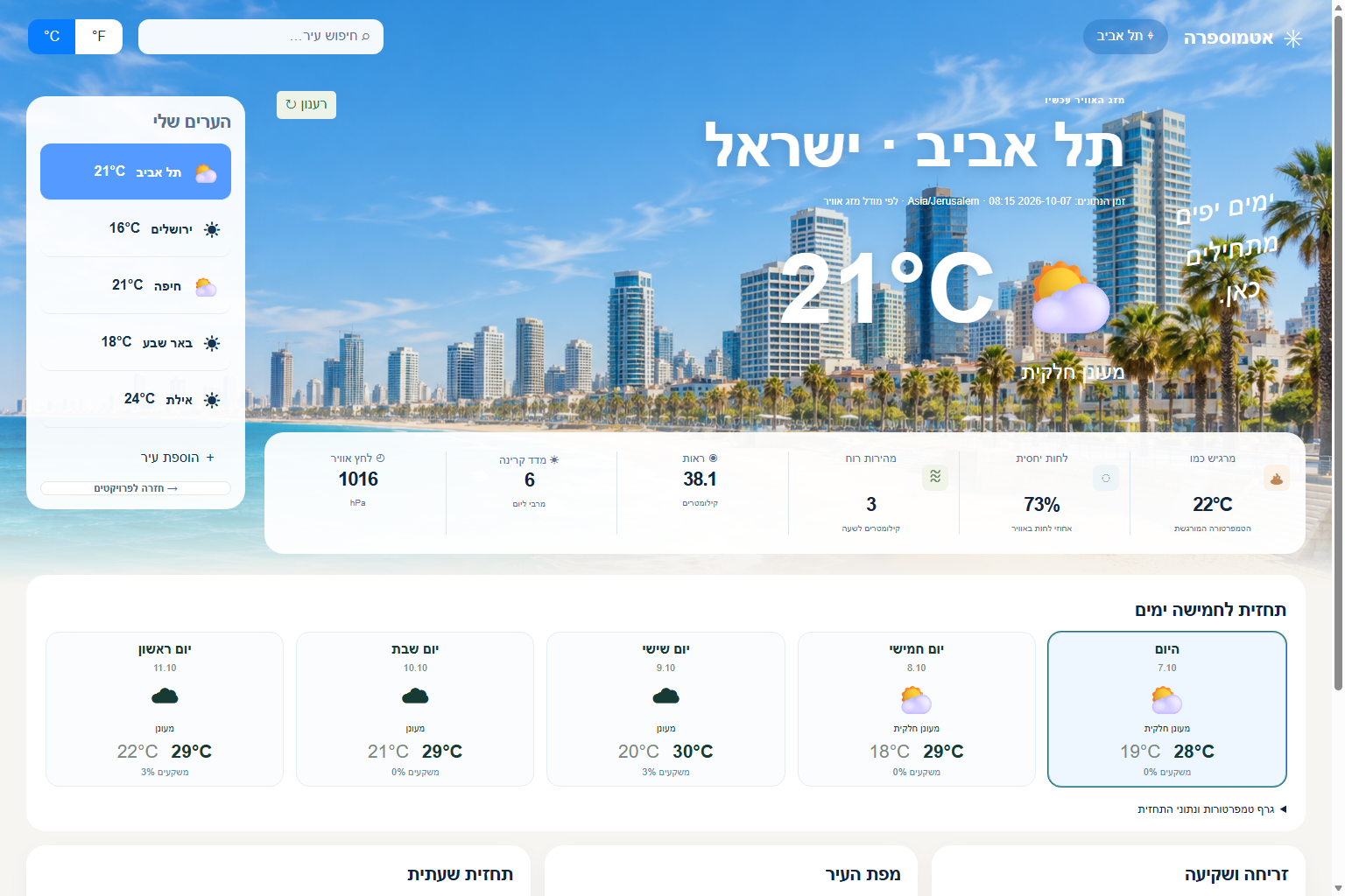 אטמוספרה: העיצוב החדש עם חוף תל אביב, רשימת ערים ותחזית בעברית